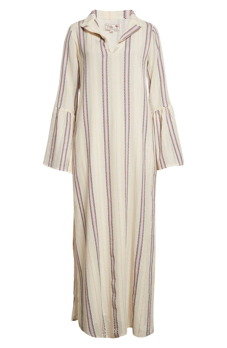 Flared long sleeves lend instant romance to this floor-sweeping shift dress fashioned with patterened stripes and handy pockets. 54" length (size Medium) Slips on over head Split neck Long sleeves Side-seam pockets Unlined 100% cotton Machine wash, line dry Imported Striped Long Sleeve Maxi Dress For Daywear, Spring Striped Long Sleeve Maxi Dress, Spring Dress With Striped Long Sleeves, Spring Long Sleeve Dress With Striped Sleeves, Long Sleeve Dress With Striped Sleeves For Spring, Chic Long Sleeve Lined Maxi Dress, Chic Long Sleeve Dresses With Vertical Stripes, Long Sleeve Dresses With Vertical Stripes For Daywear, Flare Long Sleeve