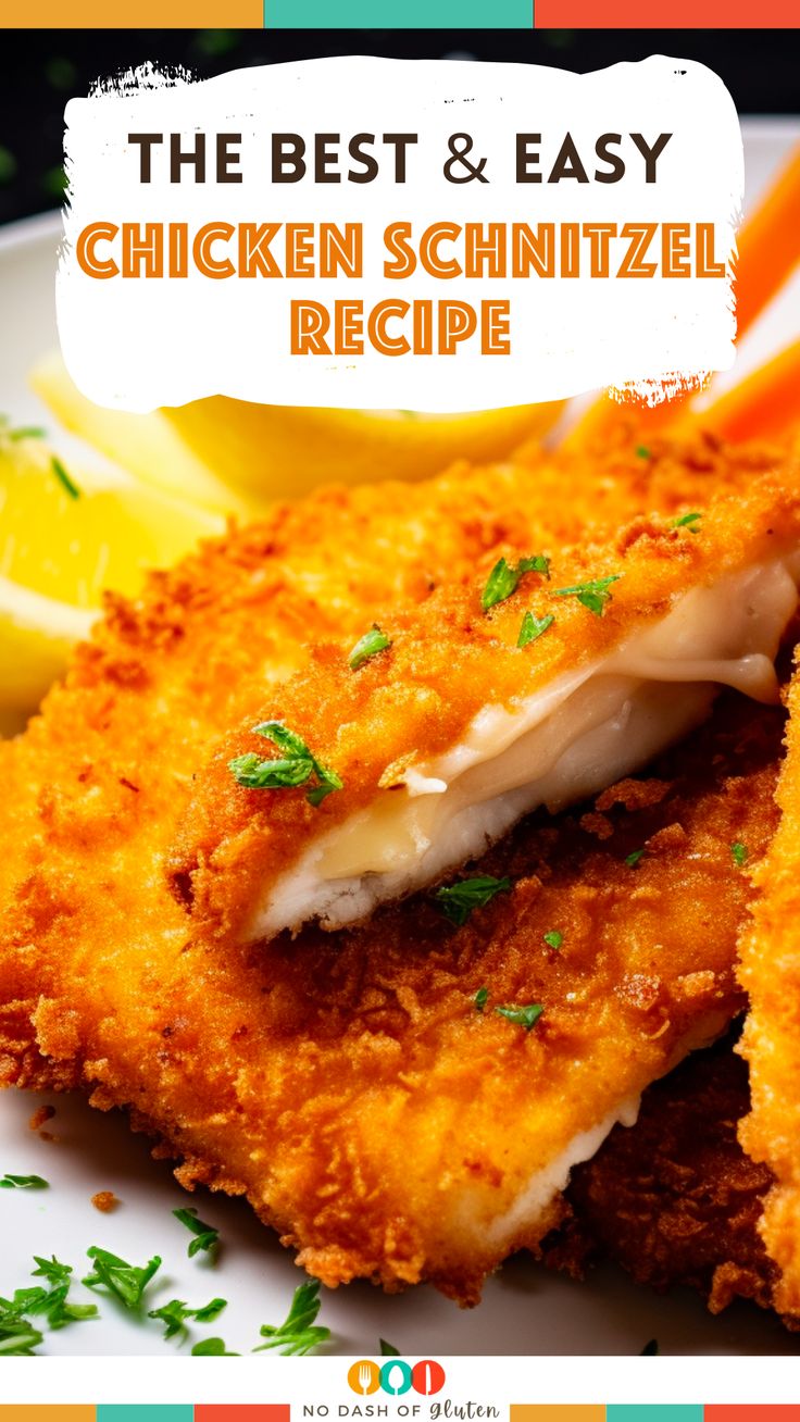 the best and easy chicken schnitzel recipe on a plate with lemon wedges