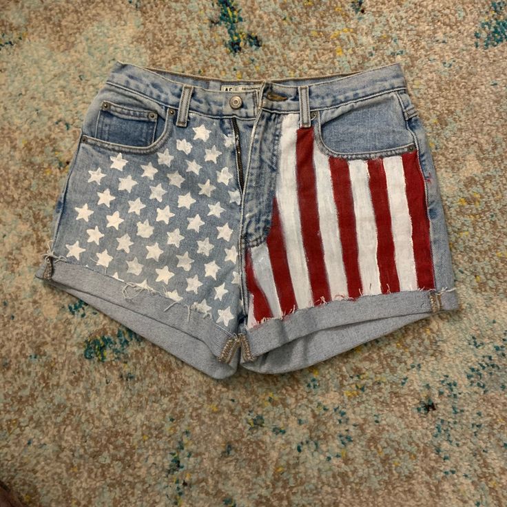 Hand Painted These! Vintage American Eagle. Says Petite Size 6 On Tag But I’d Say It Runs A Tad Small. I’m Usually A Size 2 And They’re Just A Little Big On Me. Never Worn!!! I Worked Hard On These, Make An Offer! Casual Shorts With Flag Print, Casual Short Bottoms With Flag Print, Casual Jean Shorts With Flag Print, Casual Shorts For 4th Of July, Casual High Waist Bottoms With American Flag Print, Casual High-waist Bottoms With American Flag Print, Patriotic Fitted Bottoms For 4th Of July, American Flag Casual Shorts, Fitted Flag Print Bottoms For Summer