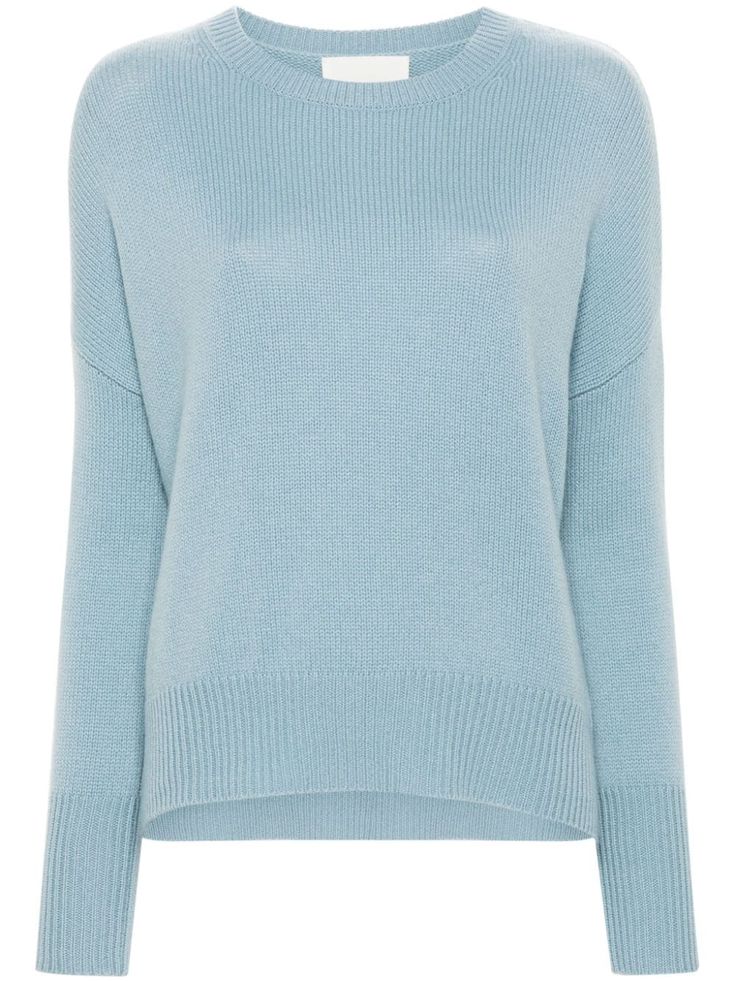 powder blue cashmere ribbed knit crew neck drop shoulder long sleeves unlined high-low hem Blue Cashmere Sweater With Ribbed Cuffs, Blue Cashmere Sweater With Ribbed Collar, Blue Cashmere Sweater For Spring, Blue Cashmere Top With Ribbed Cuffs, Fine Knit Light Blue Fall Sweater, Lisa Yang, Blue Crew, Yoko London, City Dress