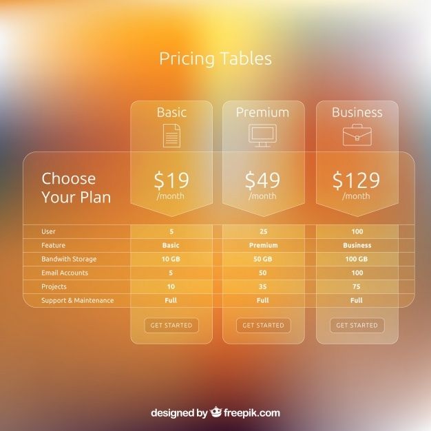 the pricing table is displayed on a blurry background with an orange and yellow hue