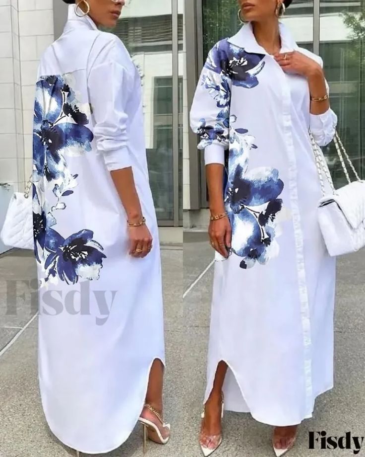 Fisdy – Chic and Elegant Floral Print Long Sleeve Button Down Shirt Dress – Fisdy Fashion Boutique Casual Dress Long Sleeve, Casual Dress Long, Shirt Dress Women, Loose Fashion, Button Down Shirt Dress, Fashion Dresses Casual, Long Shirt Dress, White Shirt Dress, Bird Print