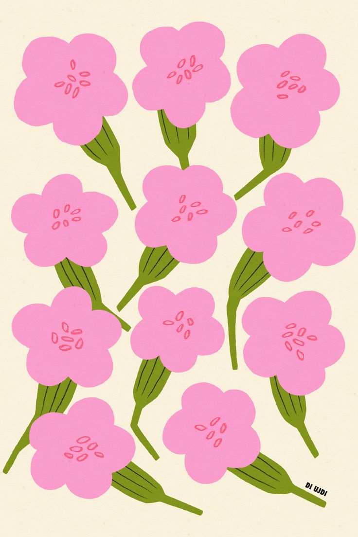 pink flowers with green stems are arranged in a row on a white background and the words love is written below them