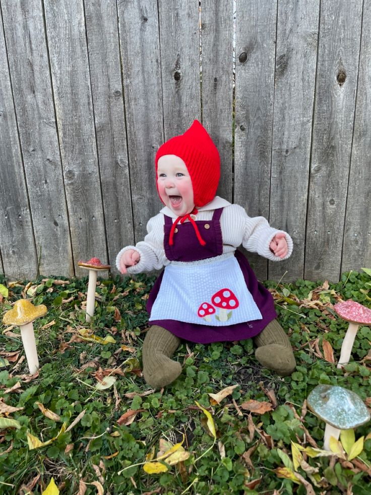 Forest Fairy Costume Toddler, Baby Garden Gnome Costume, Mushroom Baby Costume, Toddler Gnome Costume, Gnome Baby Costume, Girl Gnome Costume, Baby Mushroom Costume, Renfaire Inspiration, Baby Fairy Costume