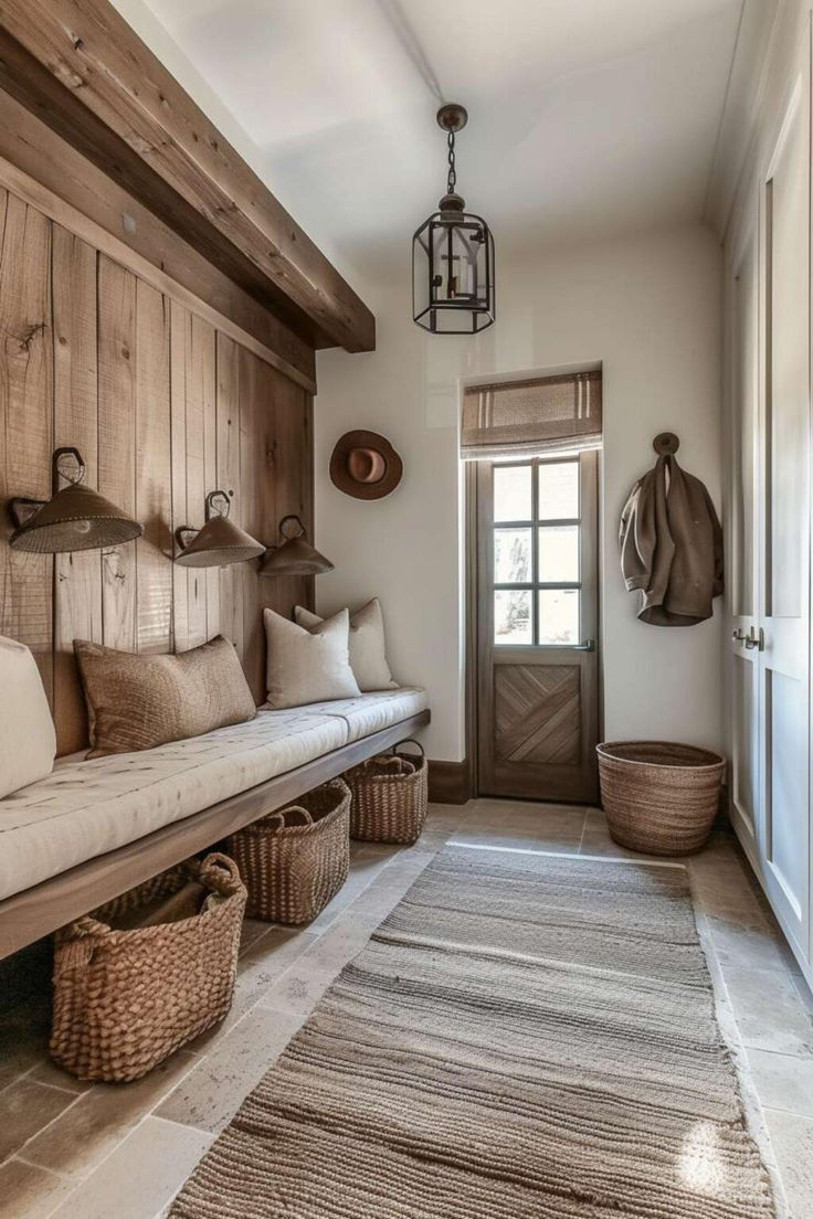 40 Mudrooms: Infusing Entryway Spaces with the Timeless Beauty of French Country Country Style Mudroom, Mudroom With Brick Wall, Entry Mud Room Ideas, Country Style Entry Way, French Country Modern Interior, Rustic Farmhouse Mudroom, Country House Mudroom, Country Farmhouse Mudroom, British Farmhouse Interiors