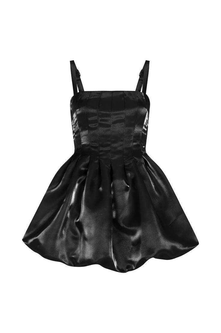 Crafted from reflective glossy fabric, our balloon dress features a corset like bodice, exuding elegance.   Fitted bodice with pleats  Strapless design with adjustable straps  Voluminous balloon skirt  Reflective glossy fabric  Hidden zipper closure at the back   Materials: 100% Polyester  Color: Black Made in Turkey.  Model Measurements: Height 180 cm Bust 83 cm Waist 62 cm Hips 91 cm  Model Size: S Materials: 100% Polyester  Color: Black Made in Turkey. Luxury Sleeveless Ruffle Tutu Dress, Glossy Dress, Drinks Pictures, Balloon Skirt, Balloon Dress, To Heaven, Independent Designers Fashion, Fitted Bodice, Coat Dress