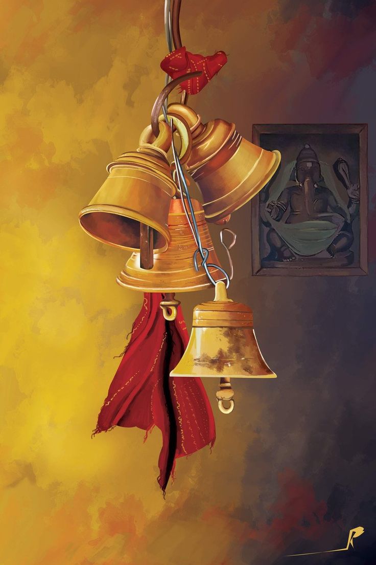 a painting of two bells hanging from the ceiling with a red scarf on it's neck