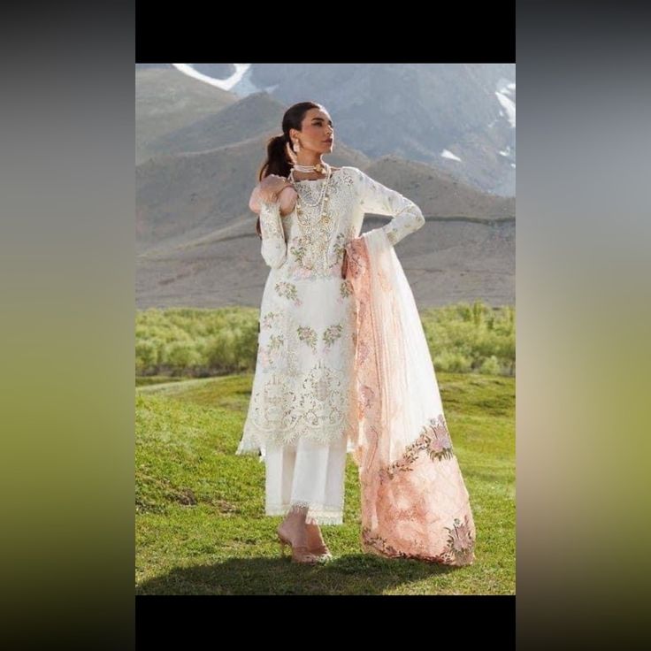 Medium To Large Size Dress White Silk Lawn Suit For Spring, Festive Formal Feminine Dresses, White Unstitched Maxi Dress, Chic Formal Dresses For Eid, Elegant Festive Dress For Garden Party, Elegant Unstitched White Dress, Feminine Festive Silk Dresses, Feminine Dresses For Eid, Festive Feminine Silk Dress