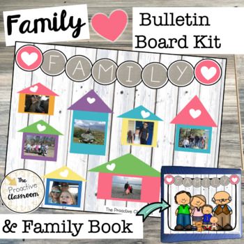 the family bulletin board kit is displayed on a wooden table with two pictures and an arrow