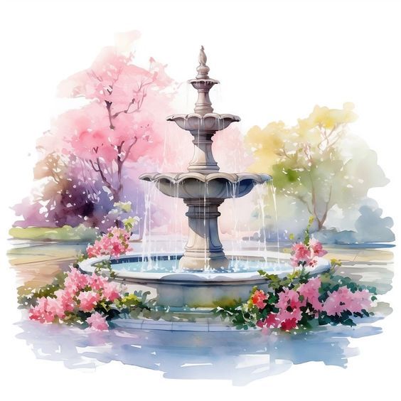 a water fountain with pink flowers around it and trees in the backgroung