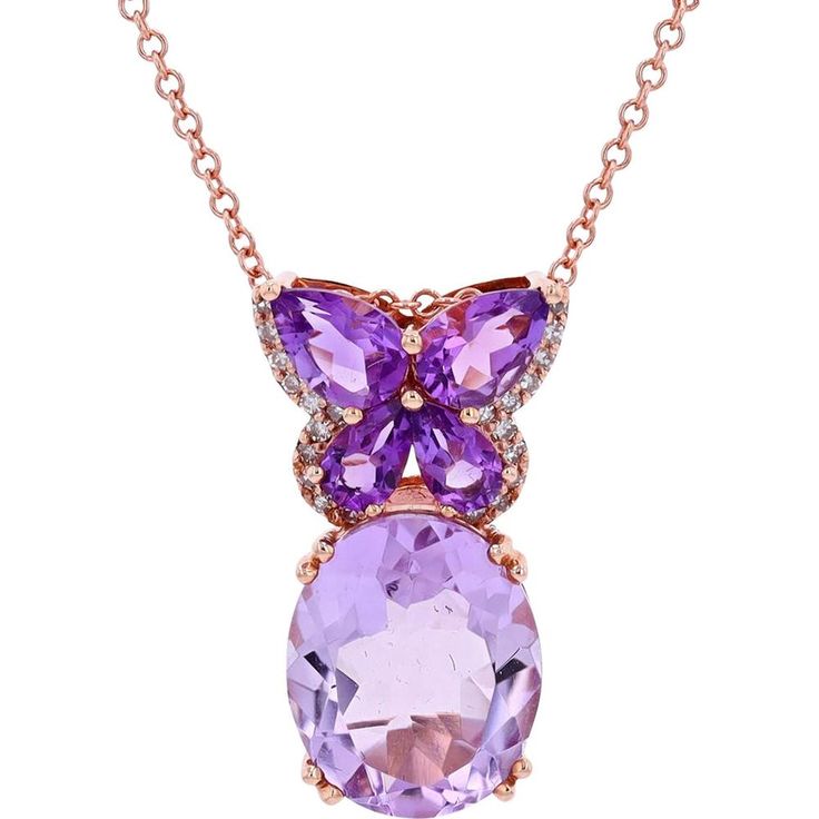 Elegant 14K Rose Gold Amethyst Butterfly Pendant - 5.20 Carat Total Gem Weight Luxury Rose Gold Amethyst Necklace, Luxury Amethyst Gemstones For Gift, Luxury Amethyst Gemstones As Gift, Luxury Lavender Jewelry As A Gift, Luxury Lavender Jewelry With Gemstone Accents, Luxury Kunzite Jewelry With Accent Stones, Elegant Lavender Amethyst Gemstone, Luxury Amethyst Gemstones With Accent Stones, Luxury Purple Amethyst Gemstones