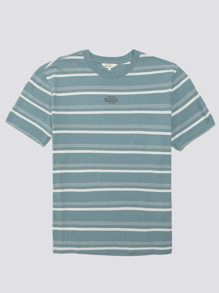 A 100% cotton t-shirt with all over stripe design. This piece features a high build chest print and a branded 'Ben Sherman' flag label. 100% COTTON SINGLE JERSEY 160GSM 30 DEGREE WASH WASH DARK COLORS SEPARATELY COOL IRON Summer Short Sleeve T-shirt With Signature Stripes, Casual Short Sleeve Tops With Signature Stripes, Striped T-shirt With Three Stripes Branding, Crew Neck, Striped Three Stripes T-shirt For Streetwear, Vertical Stripes Crew Neck Tops For Streetwear, Striped T-shirt With Three Stripes For Streetwear, Blue Horizontal Stripe T-shirt For Summer, Relaxed Fit Cotton T-shirt With Contrast Stripes, Sporty Cotton Tops With Vertical Stripes