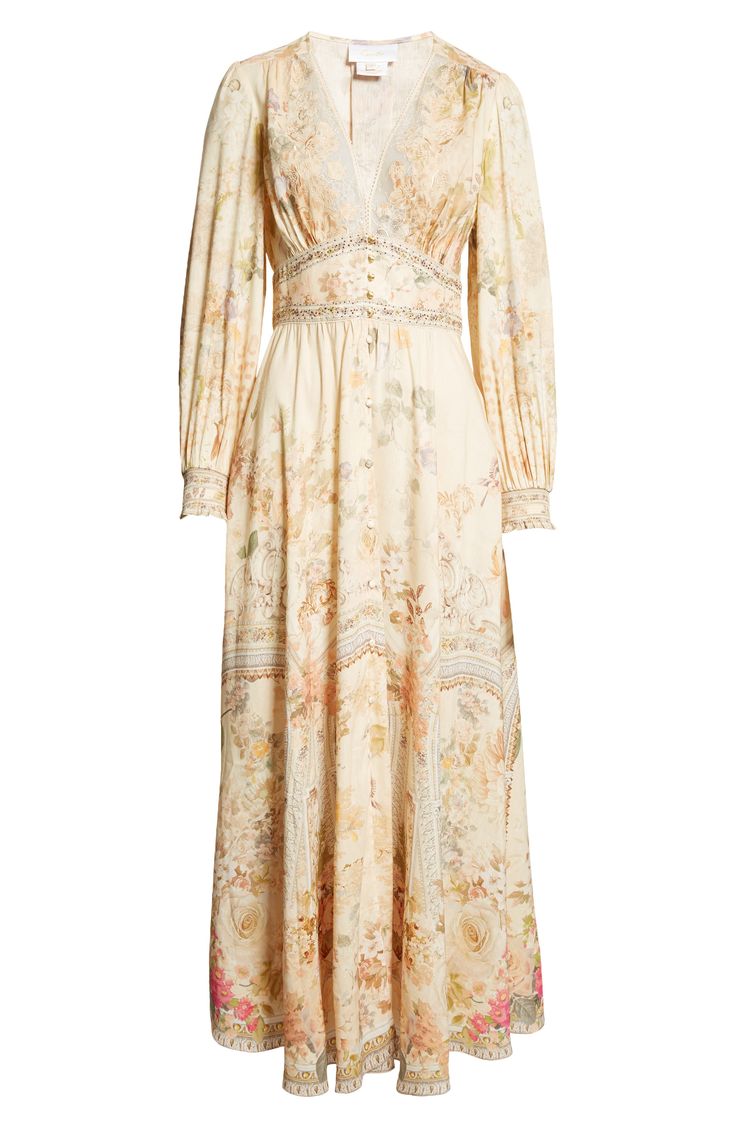 Signature crystals and ornate floral lace decorate this silk-enriched linen maxi dress featuring a gorgeous garden of soft-hued blooms entwined with golden fronds and leopard spots. Australian designer Camilla Franks often takes inspiration from far-flung destinations—case in point: this print pays tribute to the history and natural beauty of Egypt. 57" length (size Medium) Rouleau-button closure V-neck Long sleeves with shirred cuffs Unlined 82% linen, 18% silk Dry clean Imported Designer Cloth Lace Trim Long Sleeve, Silk Maxi, Leopard Spots, Linen Maxi Dress, Gorgeous Gardens, Silk Maxi Dress, Australian Design, Nordstrom Dresses, Floral Lace