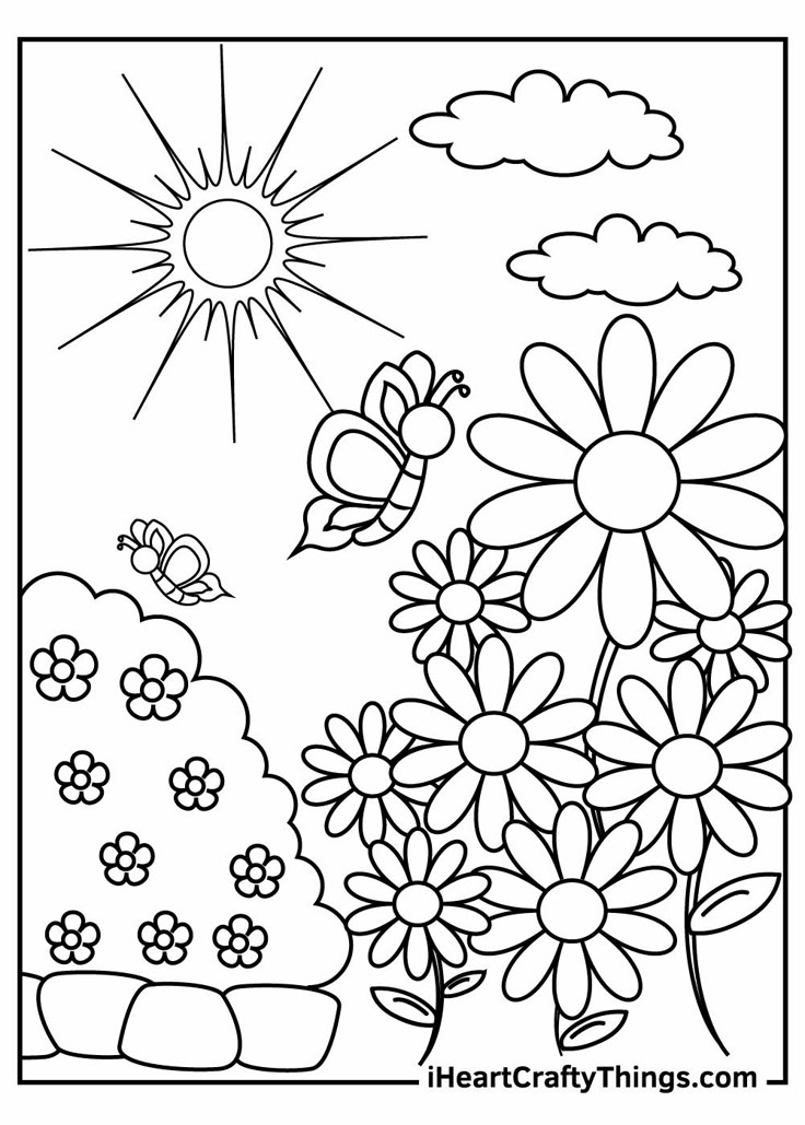 a coloring page with flowers and butterflies in the sky, sun shining over clouds above