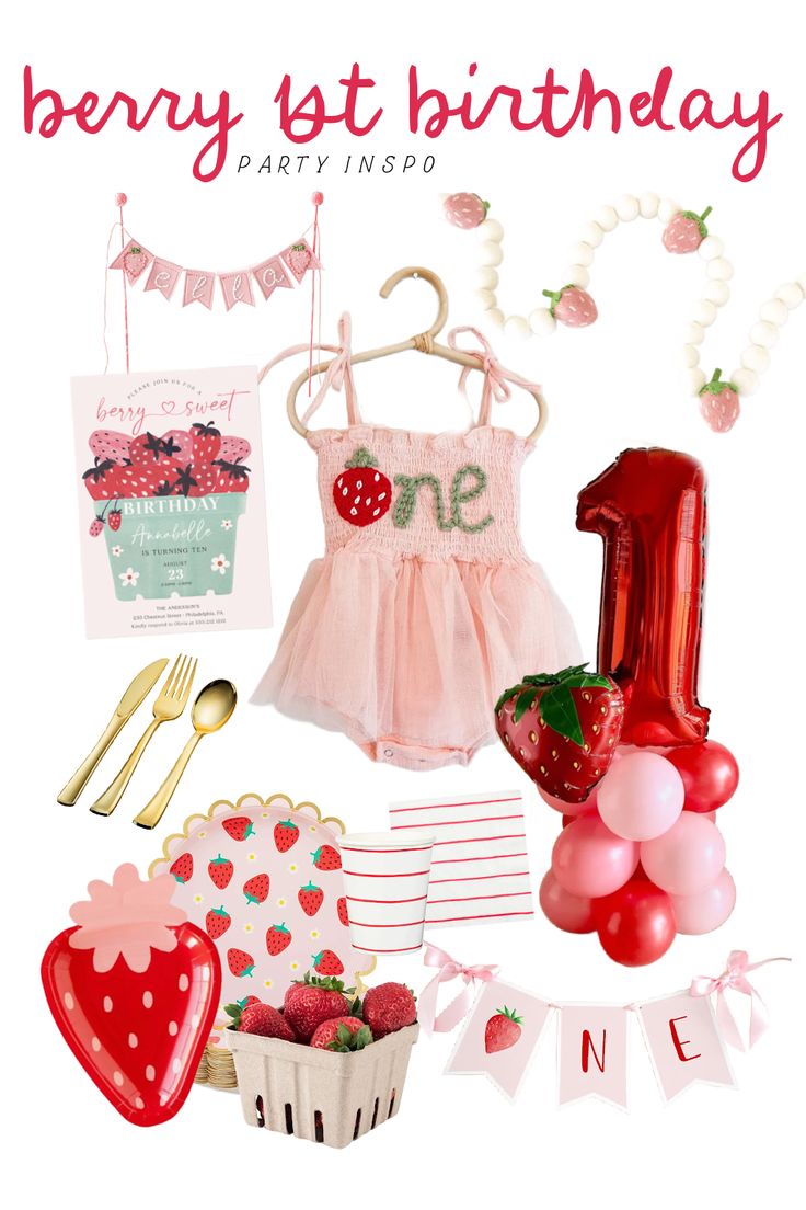 a birthday card with strawberry themed items including balloons, plates and napkins on it