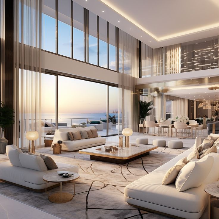 a living room filled with lots of furniture and large windows overlooking the ocean at sunset