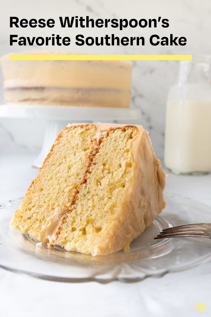 a close up of a slice of cake on a plate with the words reese witherspoon's favorite southern cake