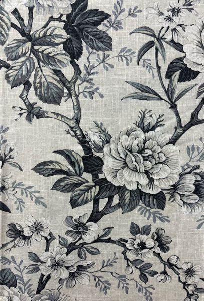 a white and black floral pattern on fabric