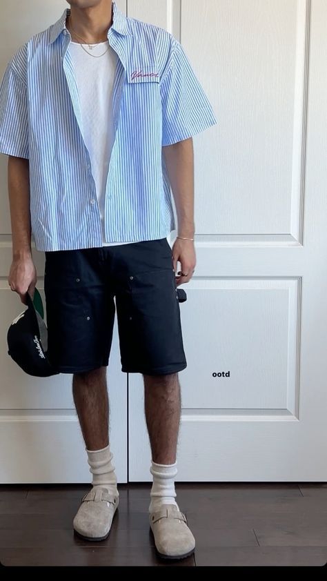 Men Dressing Style Casual Fashion Ideas, Dress Shirt Casual Outfit Men, Guys Fashion Casual Summer, Boyfriend Outfit Men Summer, Boyfriend Summer Outfit Men, Birkenstock Clog Outfit Men, Mens Clogs Outfit, Summer Outfit Men 2024, Clogs Outfit Men