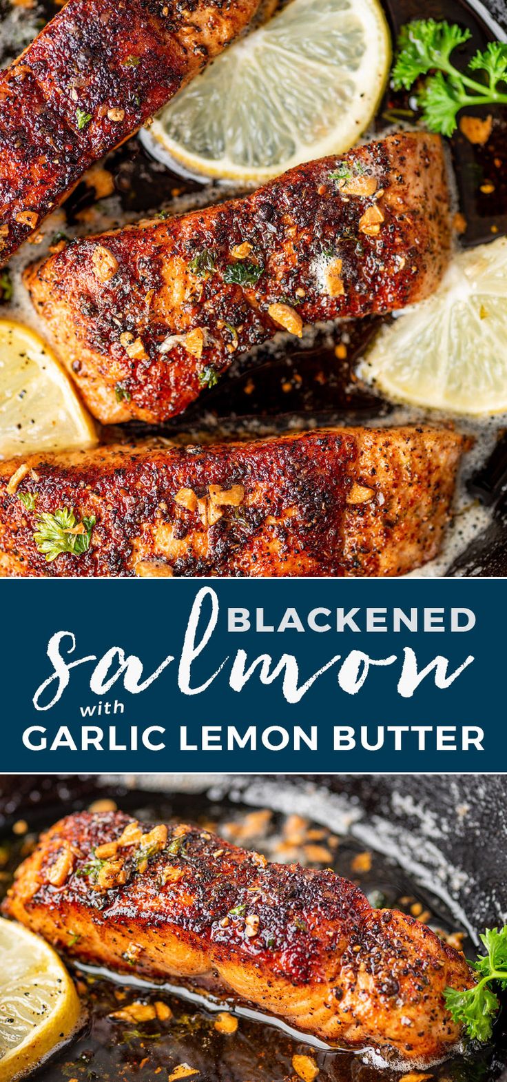 blackened salmon with garlic lemon butter on a pan