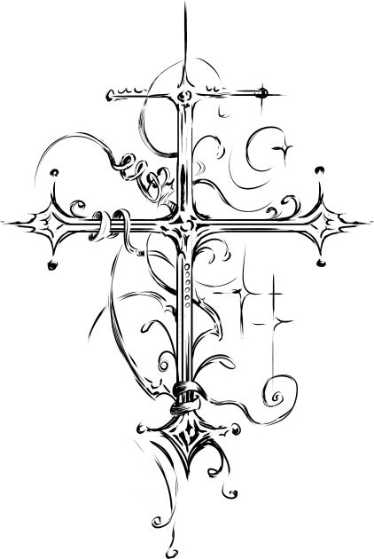 an artistic cross with swirls and scrolls on it, drawn in ink by hand