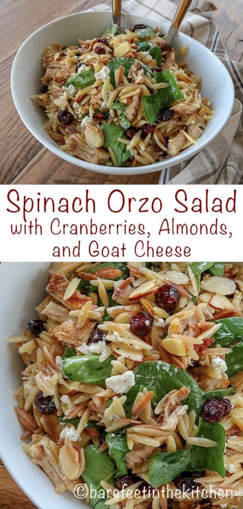 spinach orzo salad with cranberries, almonds, and goat cheese