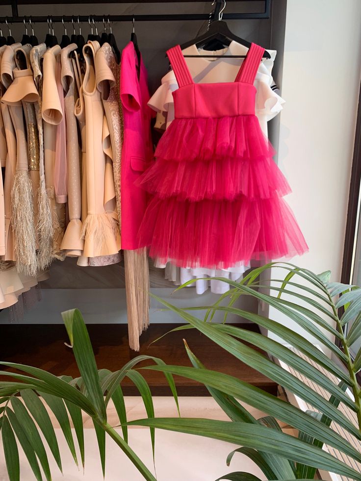 there is a rack with dresses on it and a potted plant in the foreground