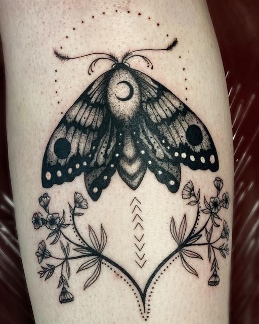 a black and white photo of a butterfly on the thigh with flowers around it's legs