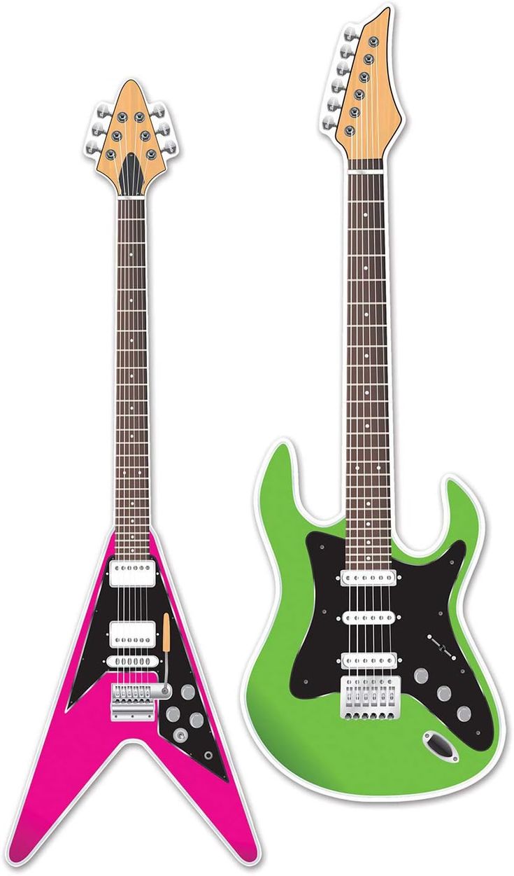 two electric guitars with different colors and designs on them, one is green and the other is pink