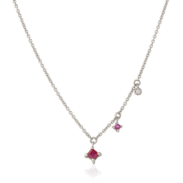 Offset Ruby and Bezel Diamond Necklace Diamond White Ruby Necklace With 17 Jewels, Fine Jewelry Ruby Necklace In Diamond White, Fine Jewelry Diamond Necklace With Square Pendant, Ruby Necklace With Single Cut Diamonds, Fine Jewelry Ruby Necklace With Single Cut Diamonds, Square Pendant Necklace With Single Diamond For Anniversary, Anniversary Necklace With Single Diamond Square Pendant, Anniversary Square Pendant Necklace With Single Diamond, Elegant White Gold Ruby Necklace