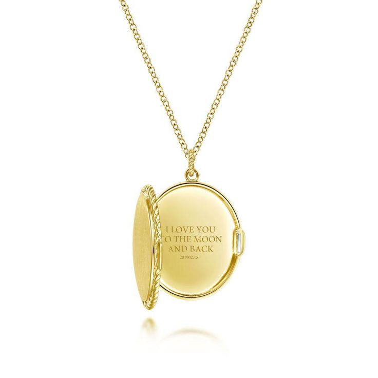 Personalized gifts are always more meaningful. Show your love, friendship, or whatever you may be celebrating by gifting this engravable locket with your favorite quote or mantra. This necklace offers brushed 14K yellow gold with a delicately twisted frame. Personalized Oval Locket Necklace In Yellow Gold, Personalized Yellow Gold Locket Necklace For Mother's Day, Personalized 14k Gold Locket For Memorial, Engraved Yellow Gold Locket Necklace For Anniversary, Gold Oval Pendant Locket Necklace For Personalized Gift, Personalized Mother's Day Yellow Gold Locket Necklace, Personalized Yellow Gold Locket Necklace For Anniversary, Yellow Gold Locket Necklace Pendant For Personalized Gift, Personalized Oval Yellow Gold Locket Necklace