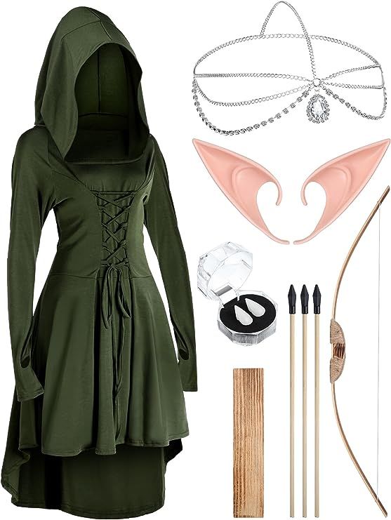 a woman wearing a green dress and hoodie with accessories including an arrow, nose ring, headbands, eyeglasses and necklace