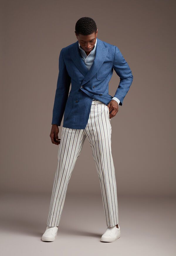 Paul Stuart Blue & Navy Stripe Cotton Pant Blue Vertical Stripes Pants For Spring, Blue Striped Pants For Spring, Spring Relaxed Fit Bottoms With Vertical Stripes, Straight Pants With Vertical Stripes For Spring, Spring Straight Pants With Vertical Stripes, Elegant Striped Linen Bottoms, Spring Pants With Vertical Stripes, Spring Vertical Stripes Straight Pants, Casual Pinstripe Pants For Spring