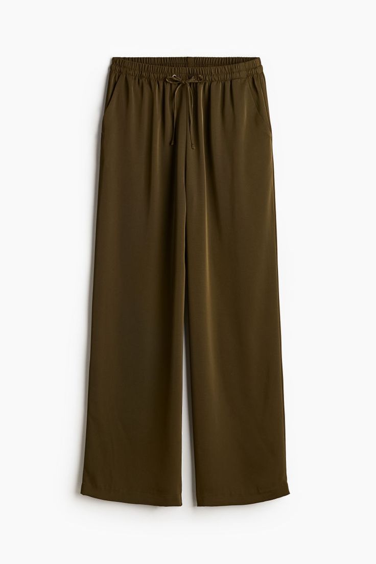 Loose-fit pants in soft twill. High waist  elasticized  drawstring waistband  and side pockets. Wide legs. H&m Wide-leg Workwear Pants, Drawstring Pants For Elevated Casual Fall Wear, Drawstring Pants For Elevated Casual Fall Occasions, Relaxed Fit Pants With Elastic Side Panels For Fall, Relaxed Fit Fall Pants With Elastic Side Panels, Fall Pants With Elastic Side Panels And Relaxed Fit, Fall Wide Leg Pants With Elastic Side Panels, Drawstring Tapered Leg Workwear Bottoms, Relaxed Fit Wide Leg Pants With Gathered Waist