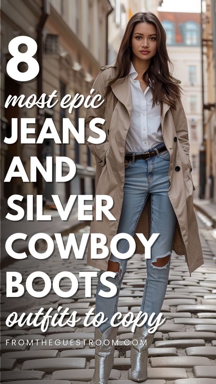 a woman wears jeans and silver cowboy boots, western outfits Cowboy Boots And Jeans Outfit, Jeans And Cowboy Boots Outfit, Black Cowgirl Boots Outfit, Cowboy Boots Outfit Fall, Outfits Cowboy Boots, Cowboy Boots Outfit Winter, White Cowboy Boots Outfit, Short Cowboy Boots Outfit, Red Cowboy Boots Outfit