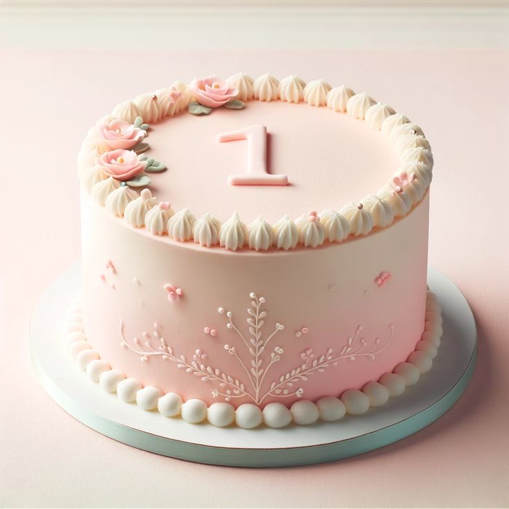 a pink cake with white frosting and flowers on the top is decorated with icing