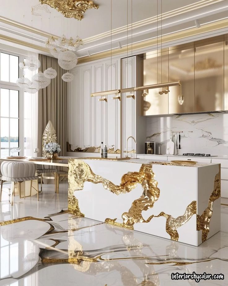 an elegant kitchen with gold accents and marble counter tops, along with white walls and flooring