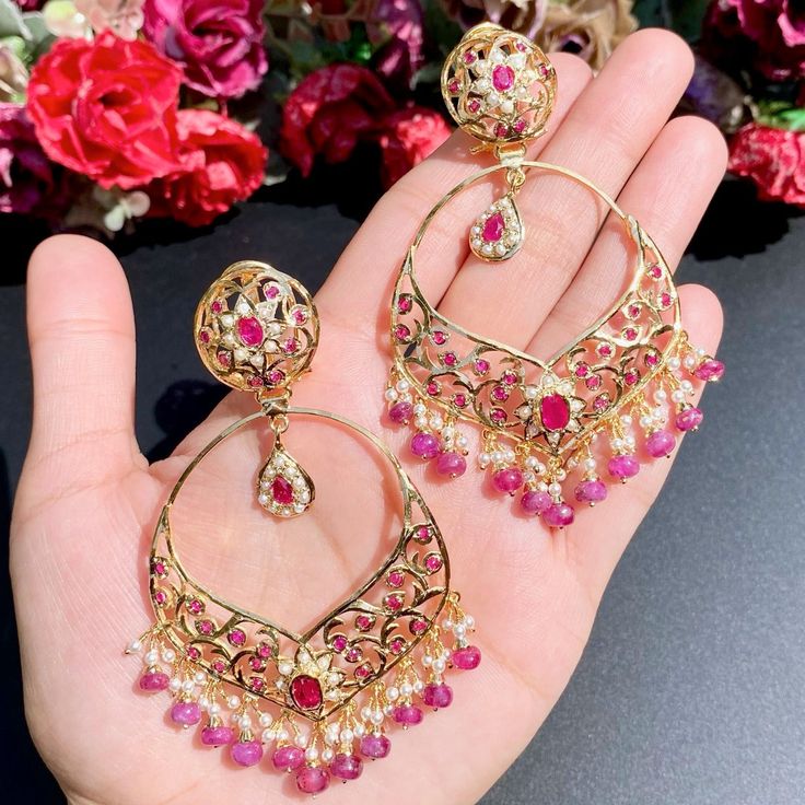 gold plated chandbali latest design Traditional Red Gold-plated Bridal Earrings, Festive Red Gold-plated Earrings, Red Ruby Chandbalis For Diwali, Red Gold Plated Earrings For Festivals, Elegant Red Ruby Jhumkas, Red Gold-plated Earrings For Festivals, Festival Celebration Ruby Chandbalis, Temple Jewelry Chandbali Bridal Earrings With Elegant Design, Ruby Chandbali Bridal Earrings For Festivals