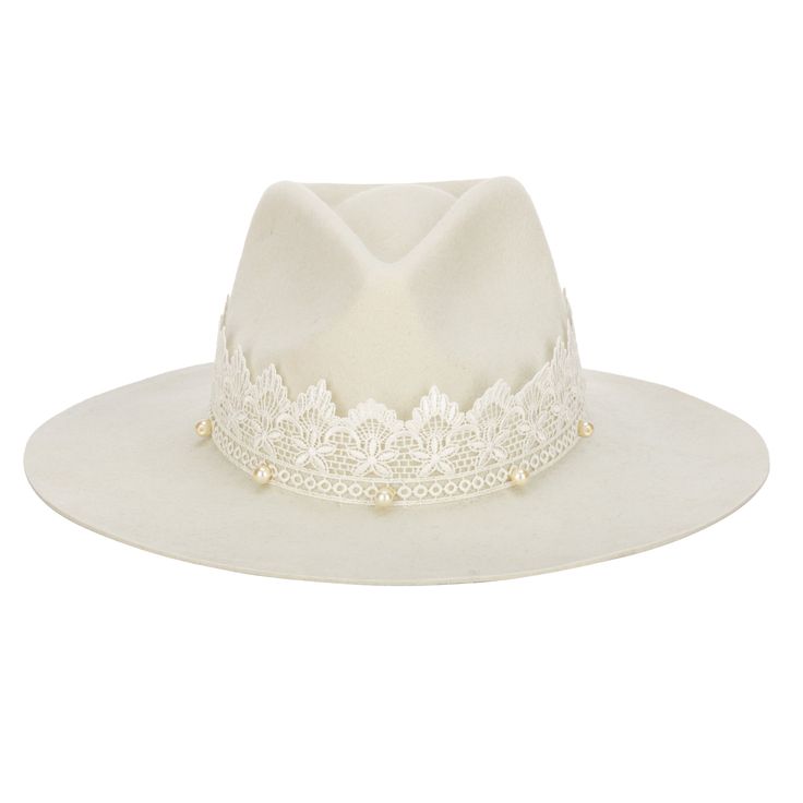 Say I do with this beautiful white cowboy made for any trendy Bride. Your look will be complete with lots of love and this perfect hat to match any dress. Made with 100% wool and a 3.5" brim. Features: Color: Ivory Brim Size: 3.5" Material: 100% wool Size: 57cm Adjustable Wool felt cowboy with ivory lace and hand sewn ivory pearl beads White Cowboy Hat, Wide Brim Hat Summer, Sand Collection, Trendy Bride, Hat Clips, Ivory Pearl, Lots Of Love, Now And Forever, Dress Hats