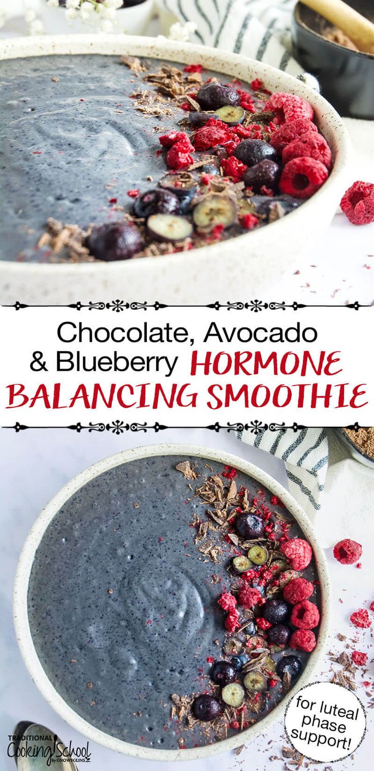 chocolate, avocado and blueberry hormonye balancing smoothie in a bowl