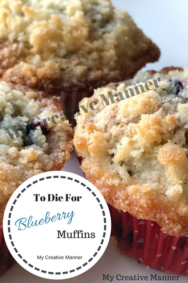 three blueberry muffins on a white plate with the title to die for blueberry muffins