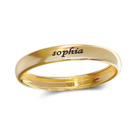 This engravable silver wedding band is as unique as you. Customize this ring with up to 10 characters to make it your own. Made in responsibly sourced sterling silver with 14K plated yellow gold for everyday wear with proper care. Shank Width: 2.87 mm Shank Height: 1.2 mm Character Limit: 1-10 *This ring is available in select sizes only. **Sterling silver rings cannot be resized after purchase. Stackable Signet Ring With Thick Band For Anniversary, Stackable Thick Band Signet Ring For Anniversary, Engraving Option Round Band For Promise Ring, Personalized Dainty Gold Engraved Ring, Classic Engraved Promise Jewelry, Personalized Yellow Gold Round Band Ring, Personalized Yellow Gold Stackable Round Rings, Classic Engraved Band As Gift, Personalized Yellow Gold Stackable Rings