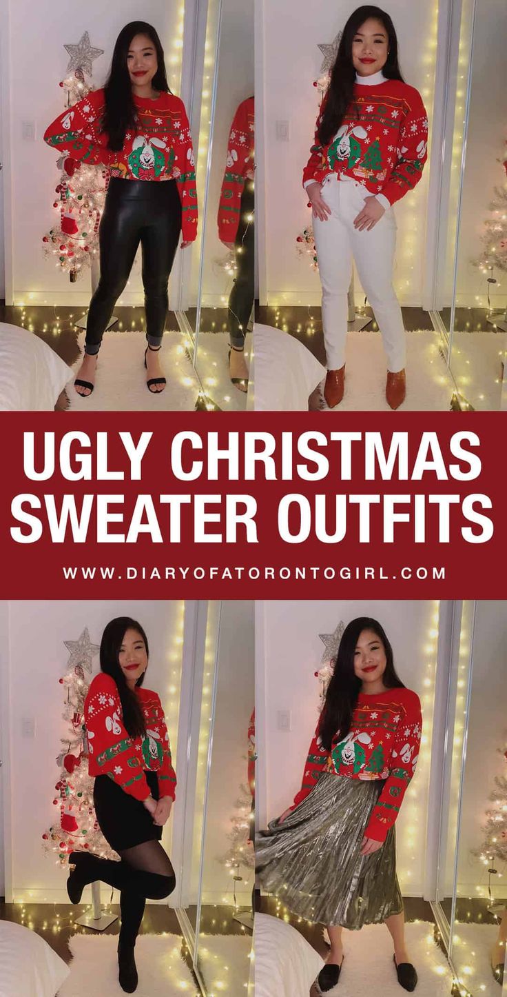 How to Wear an Ugly Christmas Sweater: 5 Cute Outfit Ideas Ugly Sweater Outfits, Sweater With Dress, Christmas Sweater Outfit, Ugly Christmas Sweater Outfit, Sweater Skirt Outfit, Christmas Sweater Outfits, Glamorous Christmas, Christmas Sweater Dress, Trendy Christmas Outfits