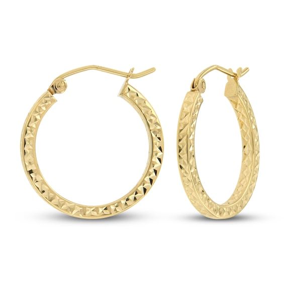 These beautiful hoop earrings for her are crafted in iconic 14K yellow gold and showcase a beautiful diamond cut finish. The textured hoops measure 20mm and secure with hinged clasps. Snap Lock, Accessories Jewelry Earrings, Diamond Cut, Women's Earrings, Apparel Accessories, Diamond Cuts, Gold Bracelet, Jewelry Accessories, Jewelry Earrings