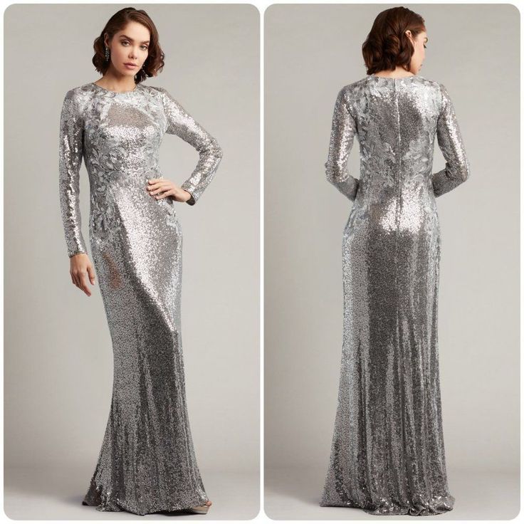 Tadashi Shoji Brunei Long-Sleeve Sequin Gown Silver Sequins Sparkle On This Slinky Long-Sleeved Gown With Tonal Metallic Embroidery Appliqued To Accentuate An Hourglass Figure. Fully Lined In Soft Jersey. Center Back Invisible Zipper. Dry Clean Imported Color Silver Glamorous Fitted Long Sleeve Mother Of The Bride Dress, Glamorous Mother Of The Bride Dress With Sweep Train, Long Sleeve Mother Of The Bride Dress For Banquet, Glamorous Long Sleeve Festive Gown, Fitted Long Sleeve Evening Gown, Formal Long Sleeve Maxi Dress With Fitted Bodice, Long Sleeve Maxi Dress With Fitted Bodice For Party, Festive Long Sleeve Glamorous Gown, Fitted Bodice Gown With Long Sleeves For Evening