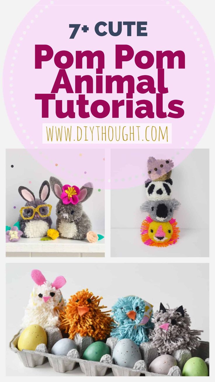 an easter basket with pom pom stuffed animals in it and text overlay that says 7 cute pom pom animal crafts