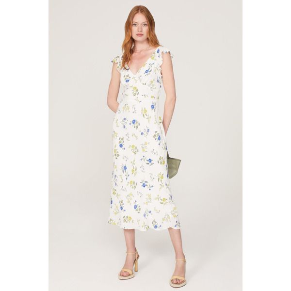 Multicolor floral crepe (53% Viscose, 47% Rayon). Hourglass. Cap sleeves. V-neck. Side zipper closure. 46.5" from shoulder to hemline. Imported. Chic Floral Print V-neck Dress For Brunch, Spring V-neck Floral Print Dress With Notched Neckline, Feminine Floral Print V-neck Dress For Garden Party, Feminine Spring Dresses With Notched Neckline, Floral Print Dress With Notched Neckline For Brunch, Chic V-neck Dress With Notched Neckline And Floral Print, Feminine Spring Midi Dress With Notched Neckline, Spring Floral Print Dress With Notched Neckline, Chic Floral Print V-neck Dress With Notched Neckline