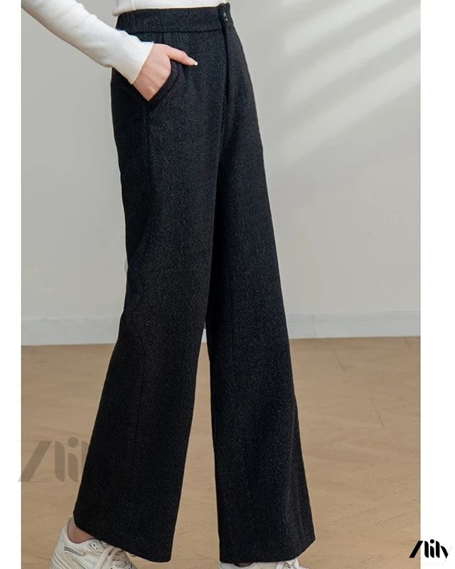 Zlily - High-Waisted Wide Leg Trousers for Casual Wear High Waist Non-stretch Dress Pants, High Waist Winter Pants With Pockets, High Waist Elastic Dress Pants For Fall, High Waist Dress Pants With Elastic Waistband For Fall, Winter Full Length Bottoms With Elastic Waistband, High Waist Non-stretch Winter Pants, Non-stretch Wide Leg Winter Pants, High Waist Wide Leg Pants With Pockets For Winter, Solid Wide Leg Winter Pants