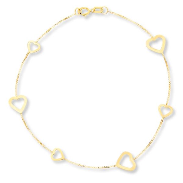 Large and small heart outlines dance between box chains in this pretty bracelet for her. The 7.5-inch bracelet is crafted of 14K yellow gold, and secures with a spring ring clasp. Yellow Gold Adjustable Chain Bracelet For Valentine's Day, Valentine's Day Yellow Gold Adjustable Chain Bracelet, Tarnish Resistant Yellow Gold Bracelet For Valentine's Day, Valentine's Day Yellow Gold Tarnish-resistant Bracelet, Valentine's Day Yellow Gold Jubilee Chain Bracelet, Valentine's Day Yellow Gold Jubilee Bracelet, 14k Yellow Gold Bracelet For Valentine's Day, Valentine's Day 14k Yellow Gold Bracelet, Buy Earrings Online