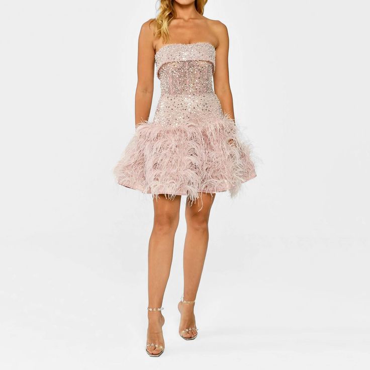 Caroline Strapless Sequin Feather Embellished Mini Dress – Bougie Glitter Party Organza Evening Dress Embellished, Embellished Organza Evening Dress For Party, Glamorous Sequin Organza Dress, Glamorous Organza Dress With Sequins, Glamorous Organza Dresses With Boned Bodice, Glamorous Embellished Organza Evening Dress, Glamorous Mini Organza Dress, Glamorous Embellished Organza Dress, Glamorous Organza Dresses For Party